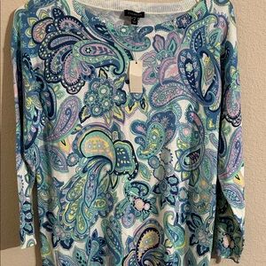 Talbots Long Sleeve Paisley Top - Blue and Pink Spring Office